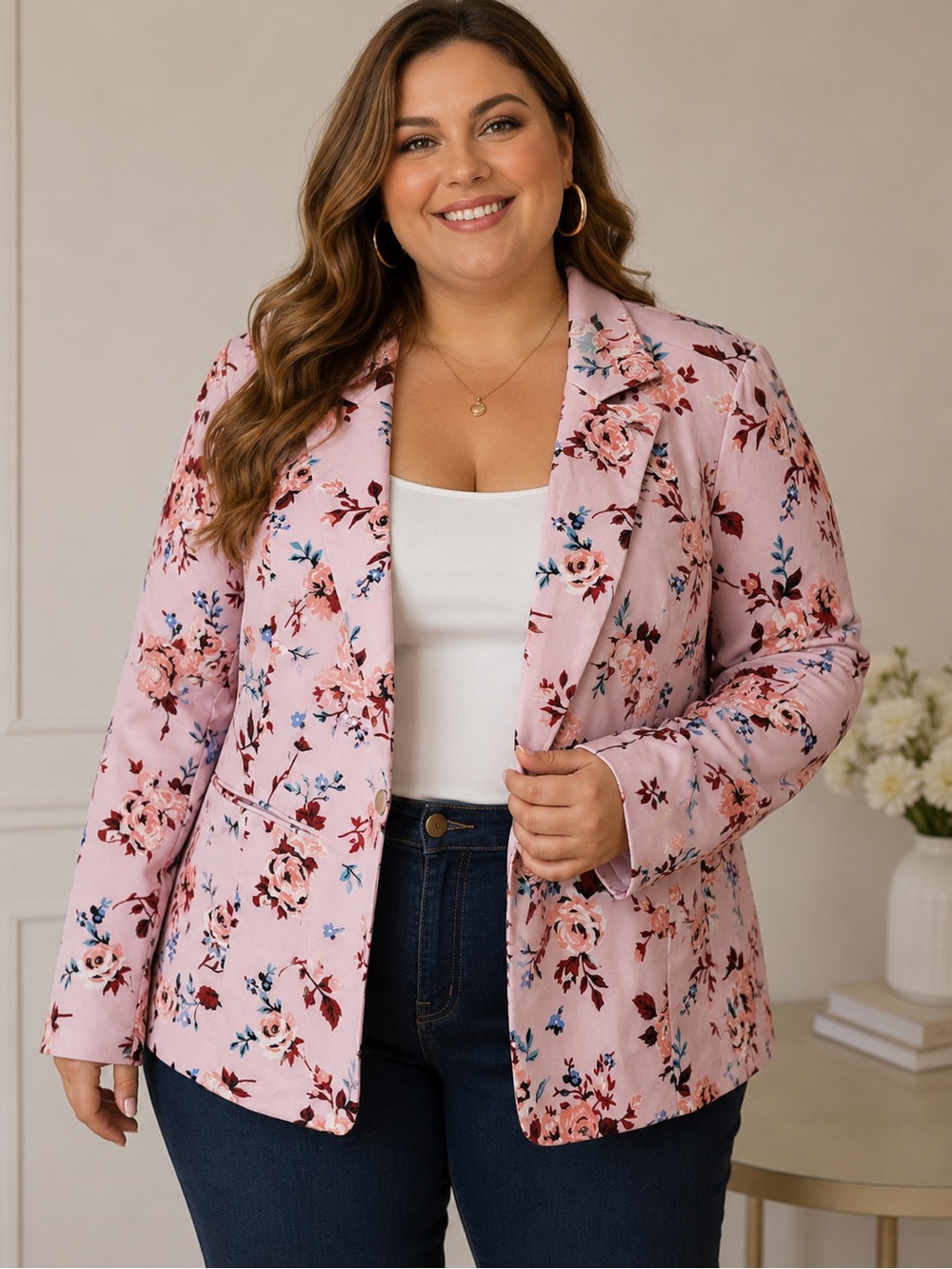 Lane Bryant Pink Floral One Button Blazer with Red and Blue Accents